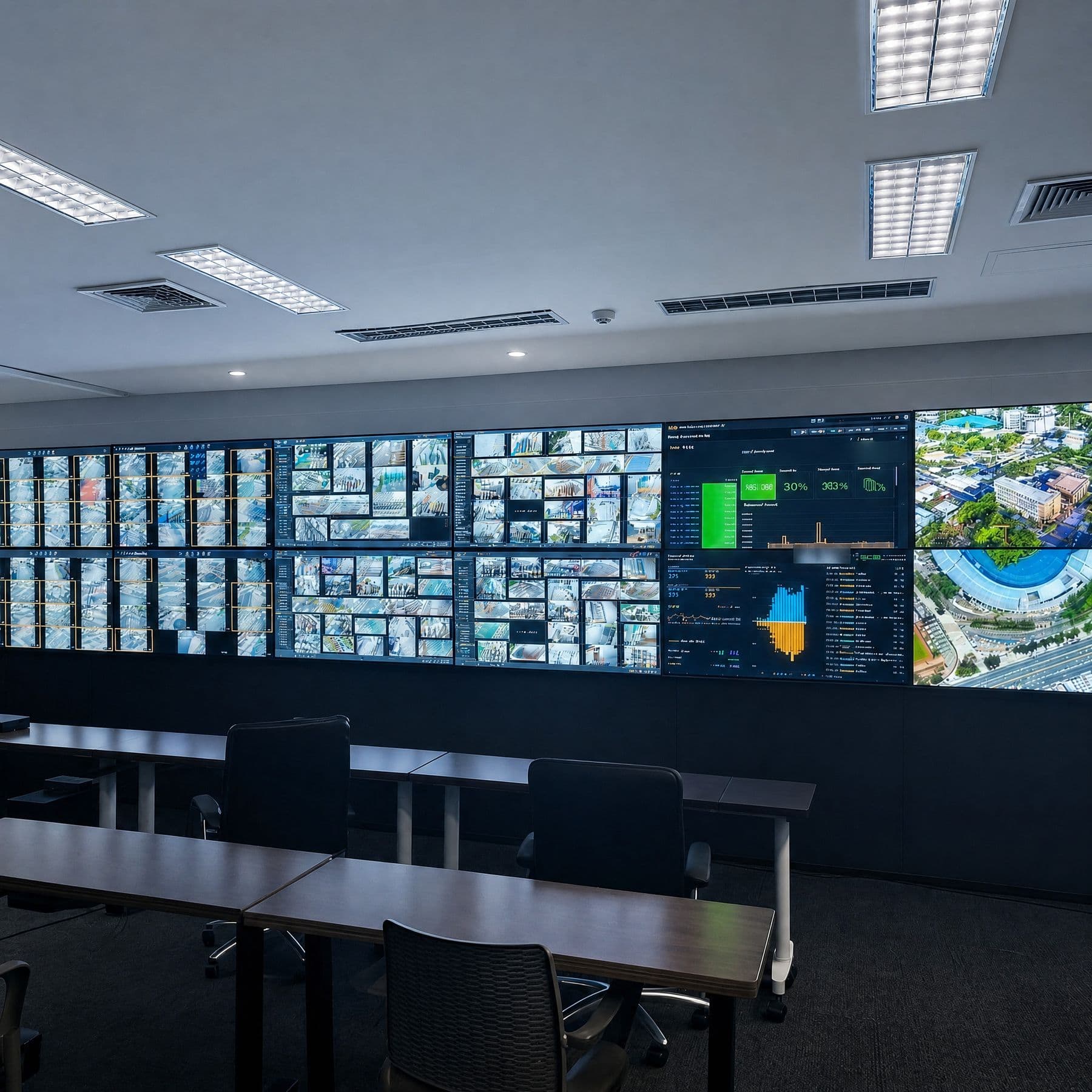 Centro de control de los Juegos Centroamericanos y del Caribe 2026, muro de vídeo con las cámaras del recinto