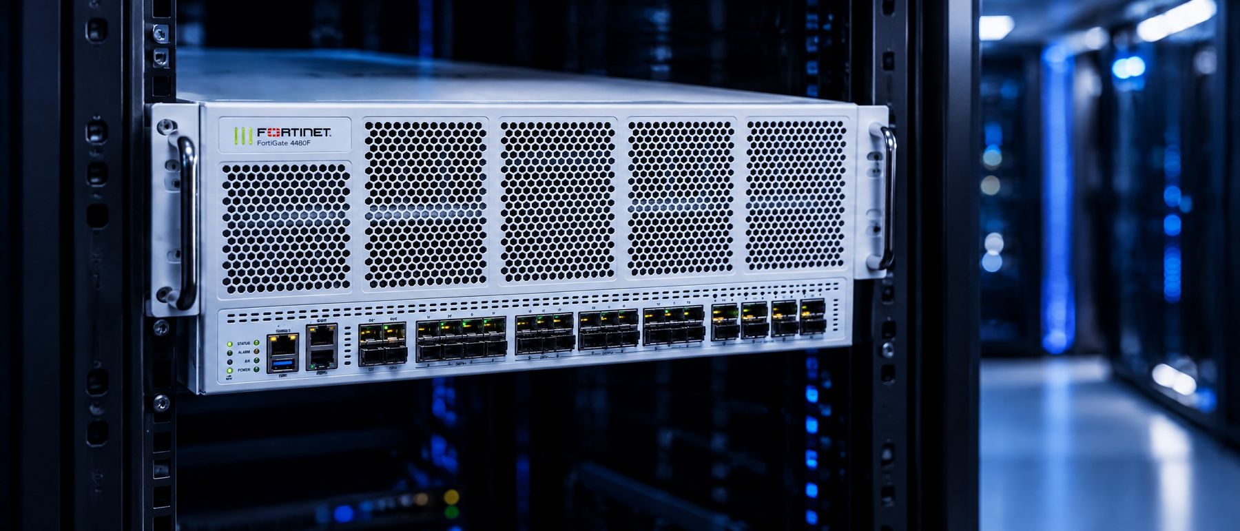 Cortafuegos FortiGate de Fortinet montado en un rack de un centro de datos