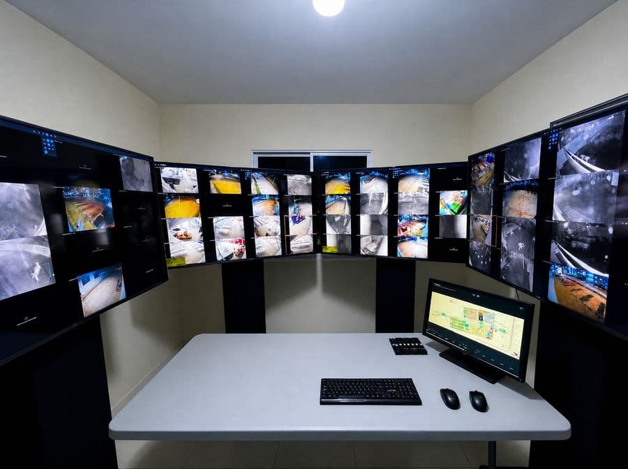 Puesto de operador con muro de monitores en un centro de control
