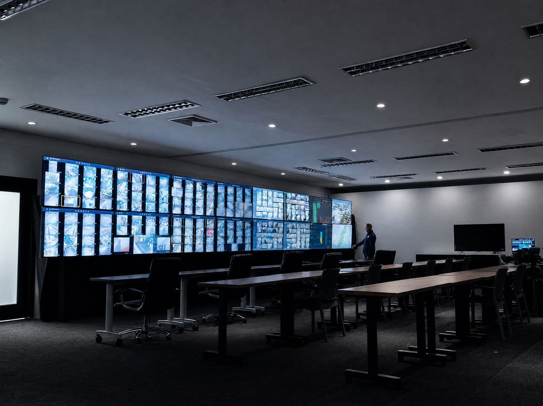 Muro de vídeo con mosaicos de cámaras y mapa del recinto en una sala de control con las mesas de operación vacías