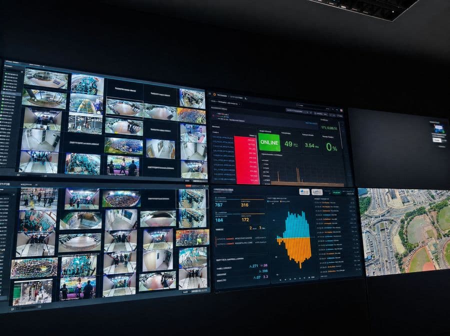 Tablero de operación del centro de control: mosaicos de cámaras, indicadores de estado y vista aérea del recinto