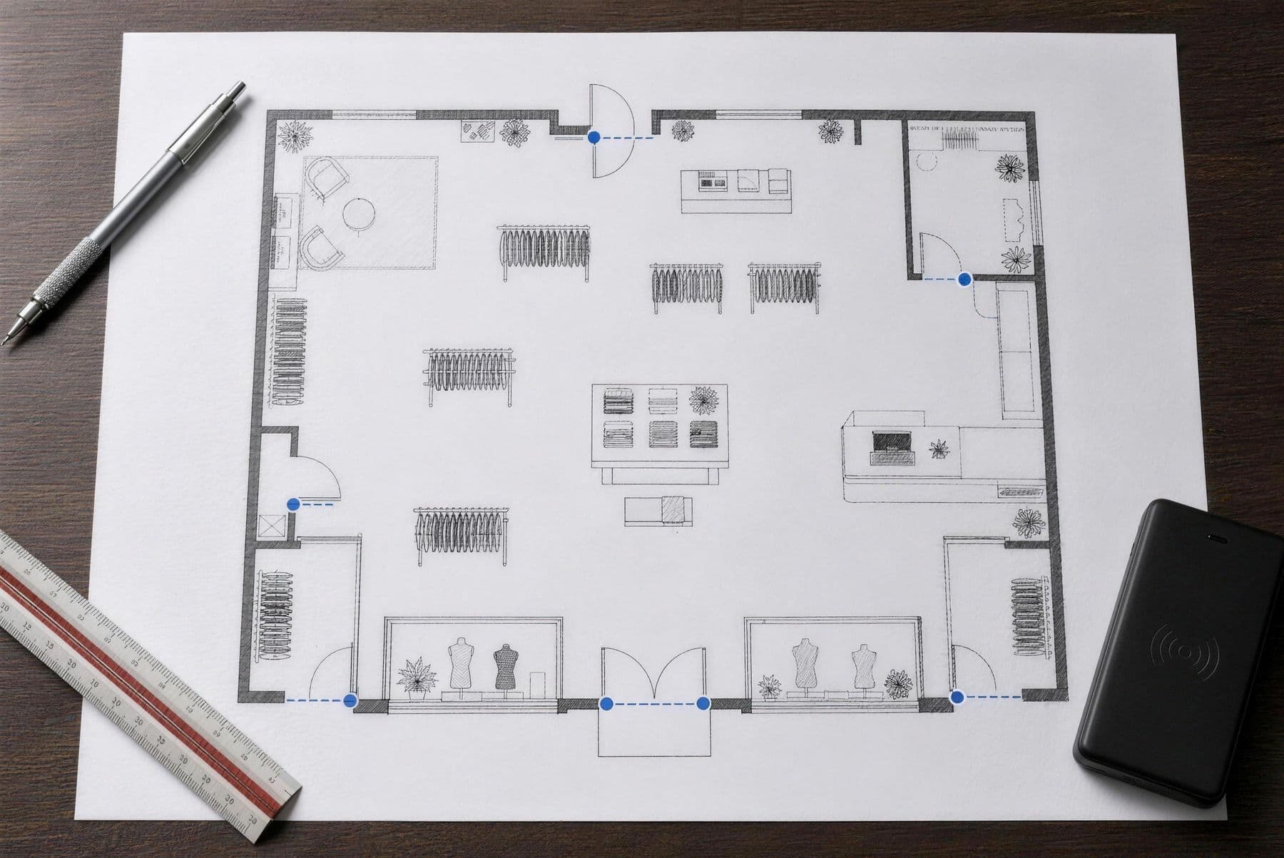 Plano de planta de una boutique sobre una mesa, con los lectores de control de acceso marcados en cada puerta