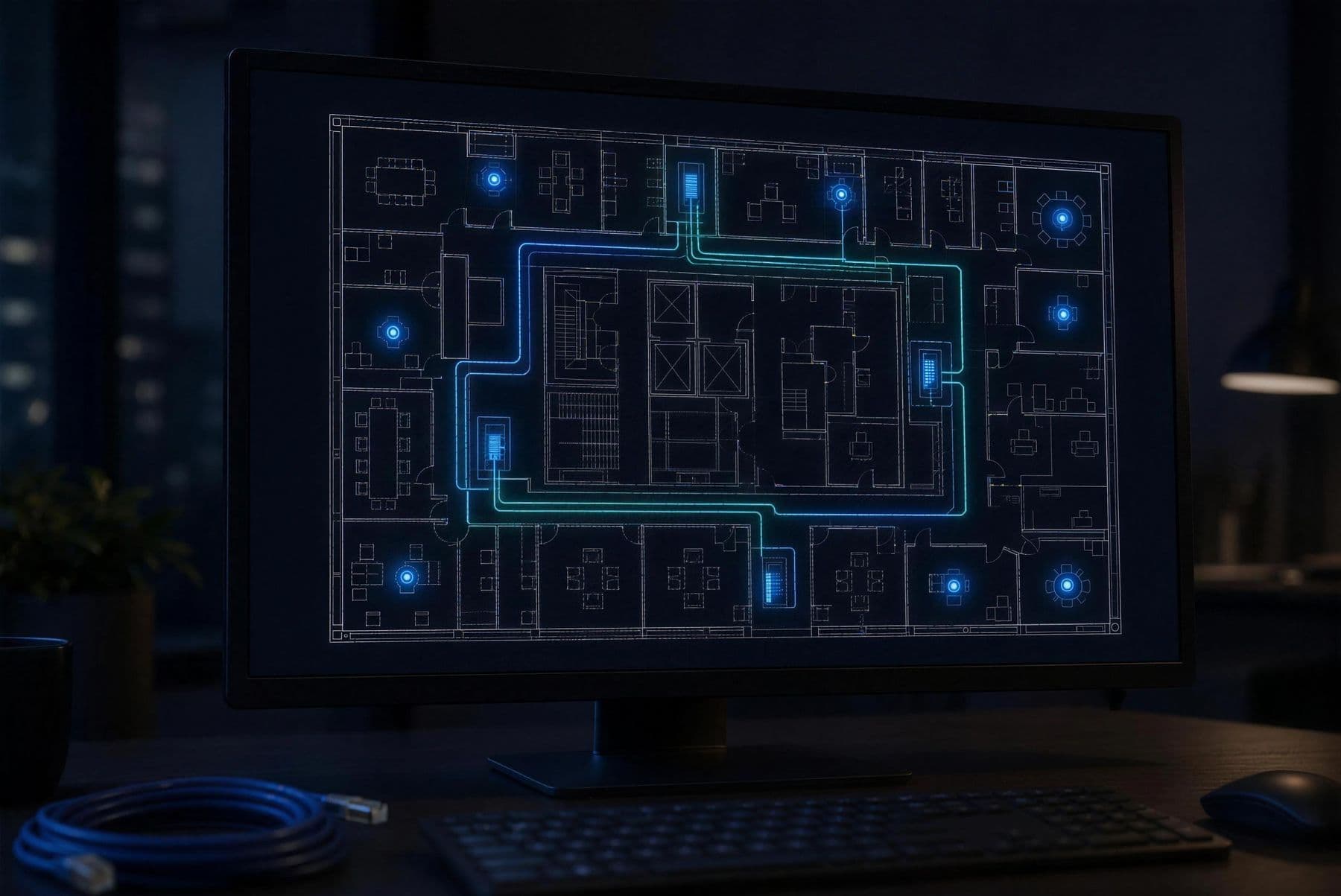 Plano de un edificio de oficinas en un monitor, con las rutas de cableado estructurado y los puntos de red marcados