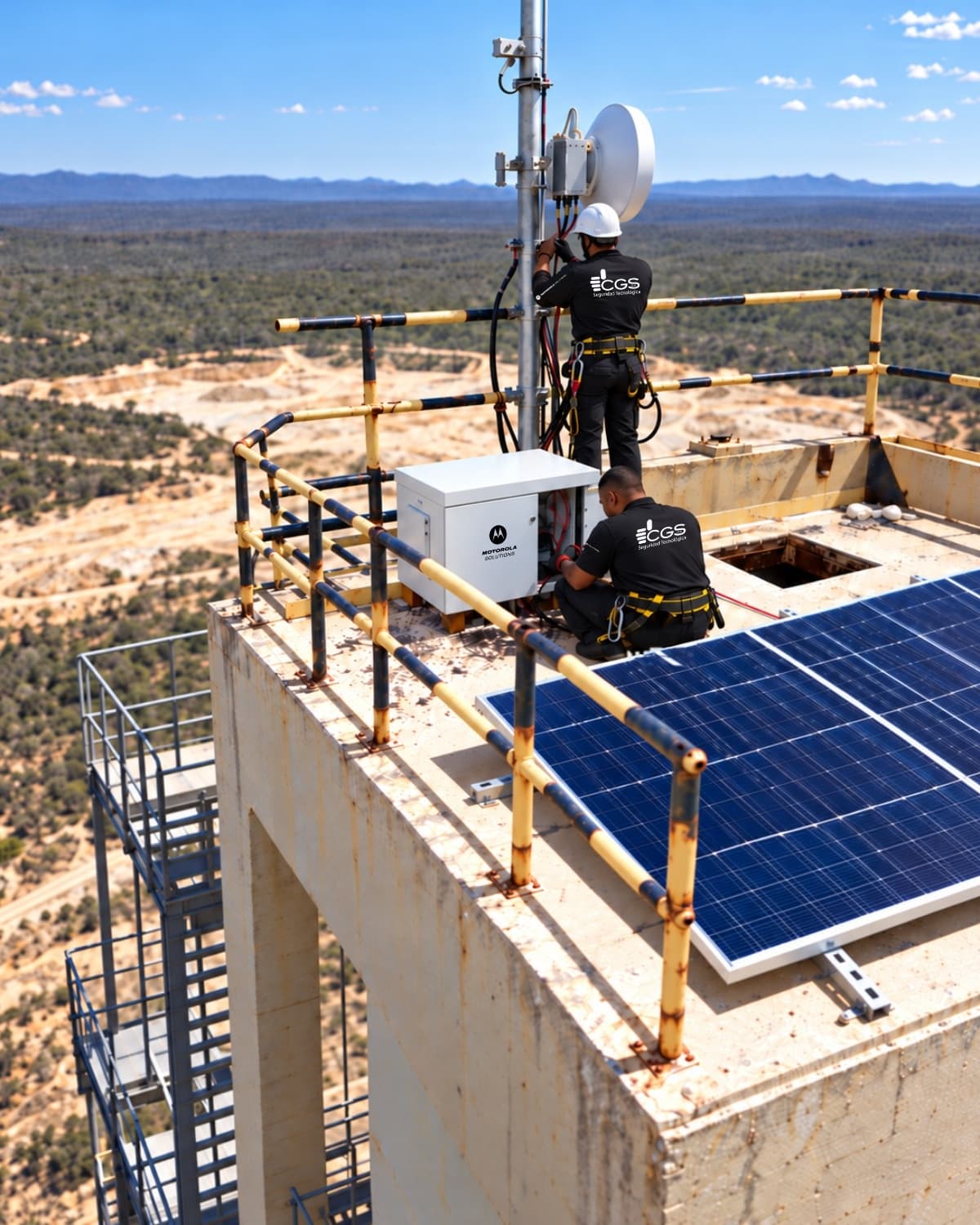 Técnicos de Grupo CGSCA instalando un enlace de radio y un gabinete Motorola Solutions alimentado por paneles solares en lo alto de una torre