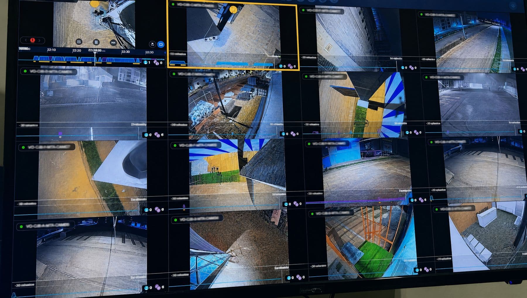 Mosaico de dieciséis cámaras en un monitor con las líneas de tiempo y los marcadores de eventos de la analítica de vídeo