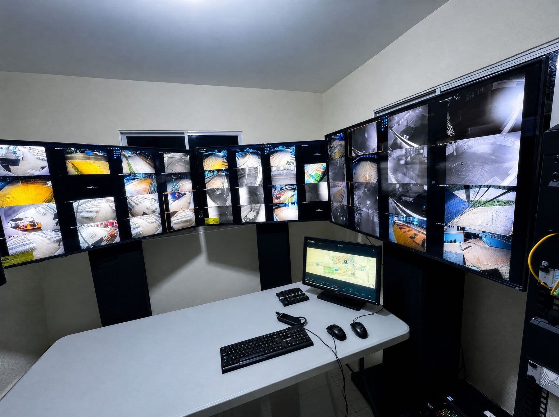 Sala de monitoreo con muro de pantallas en ángulo, vistas nocturnas de cámaras y plano de planta en el monitor del operador