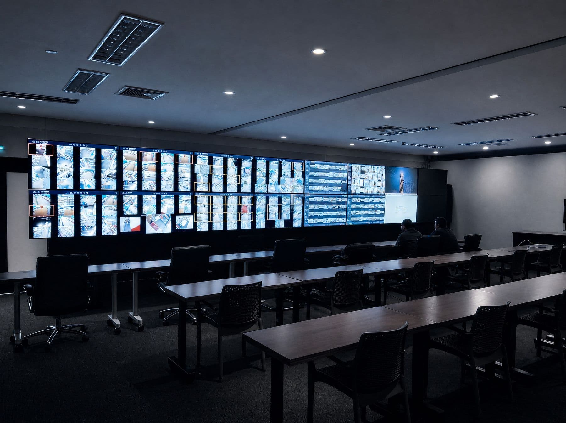 Sala de control con muro de vídeo largo y filas de mesas de operación bajo luz cálida
