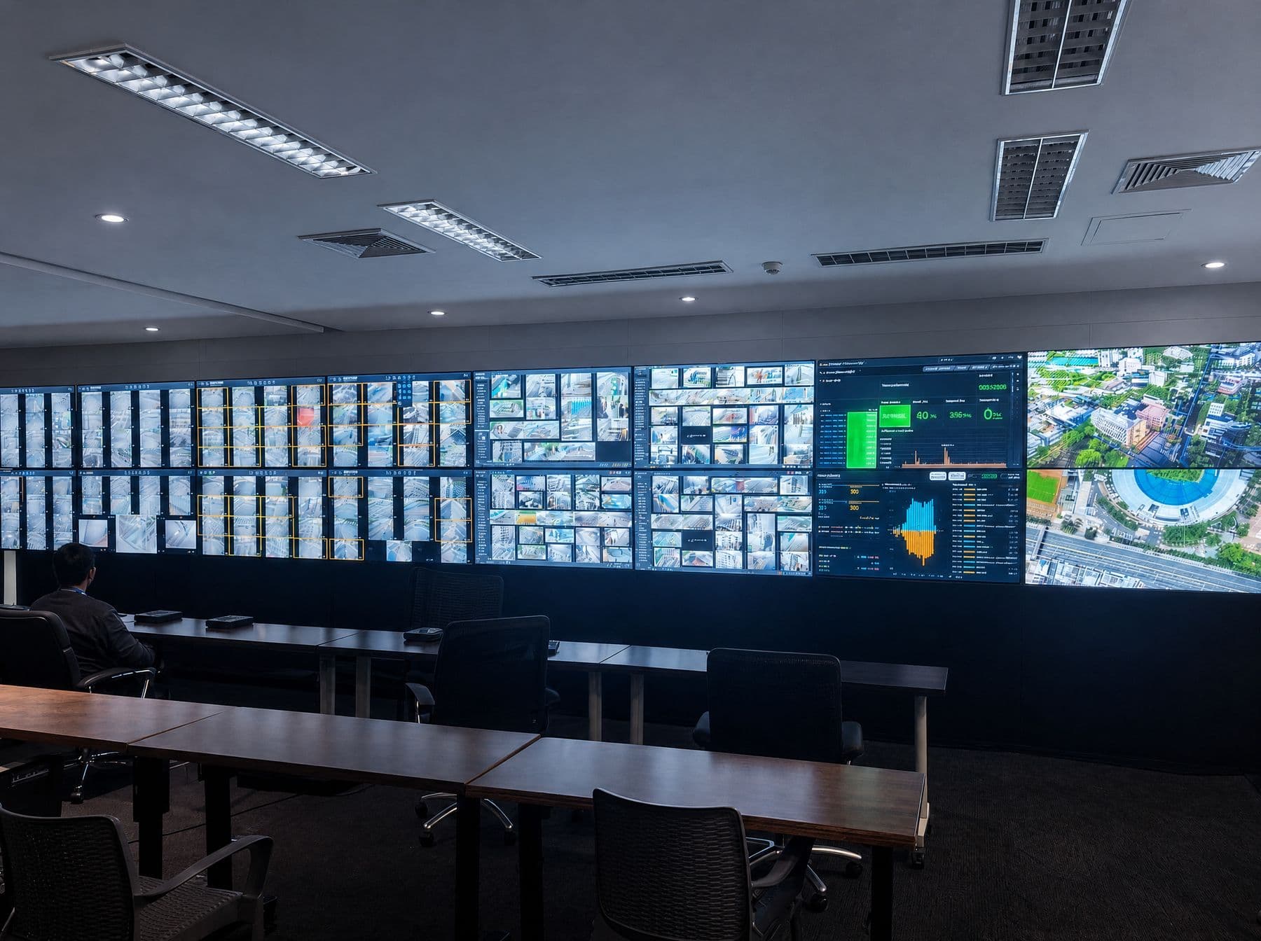 Centro de control principal de los Juegos 2026: muro de vídeo con mosaicos de cámaras, tablero de estado y vista aérea del estadio, visto desde las mesas de operación
