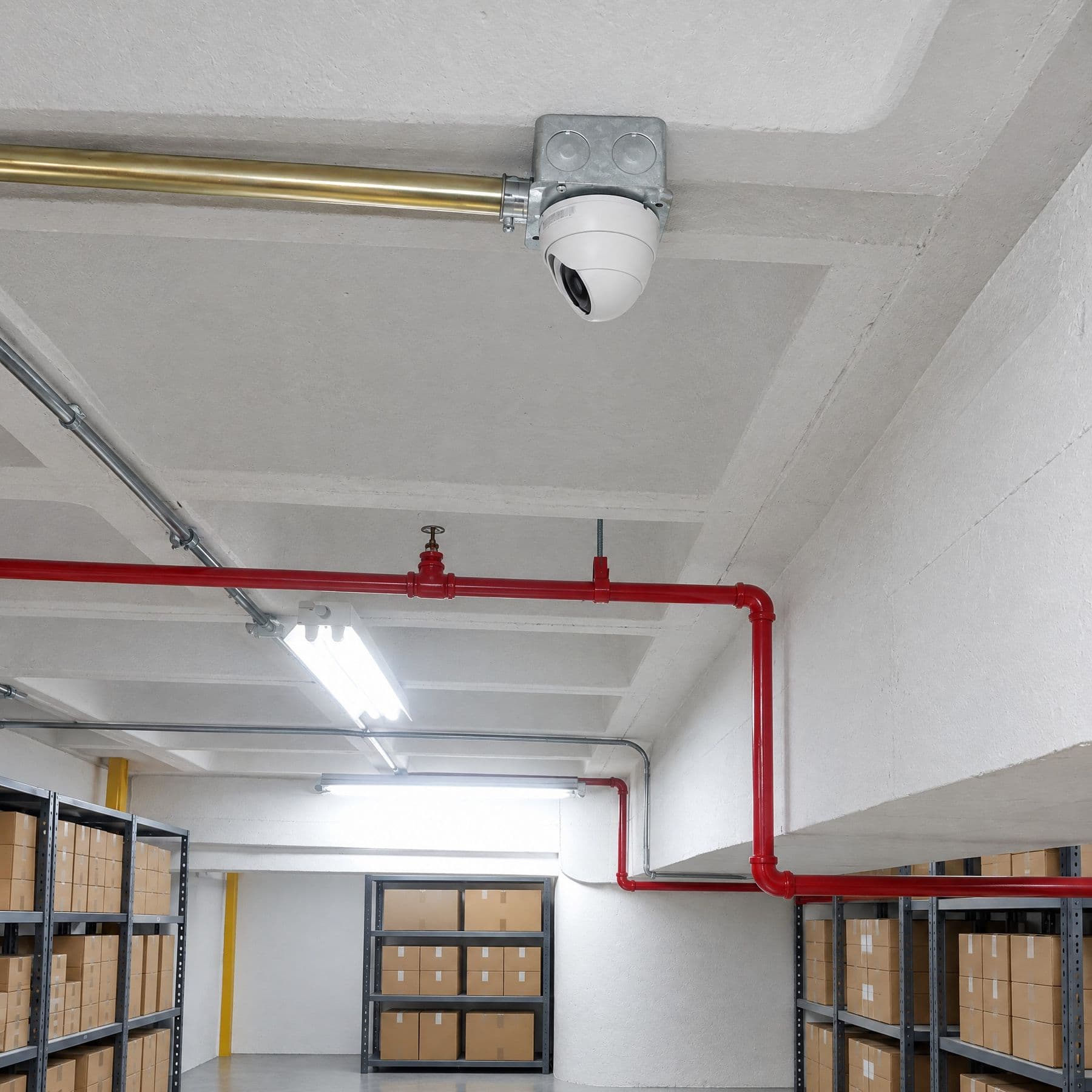 Cámara domo blanca instalada en el techo del depósito del proyecto Balú, junto a la tubería contra incendios y las estanterías de mercancía