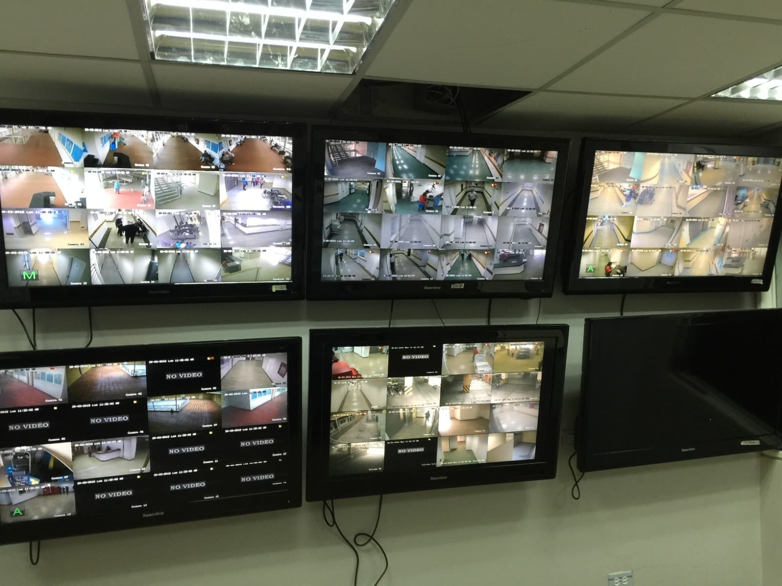 Sala de monitoreo con cinco monitores en pared mostrando mosaicos de cámaras de pasillos y salas de un hospital