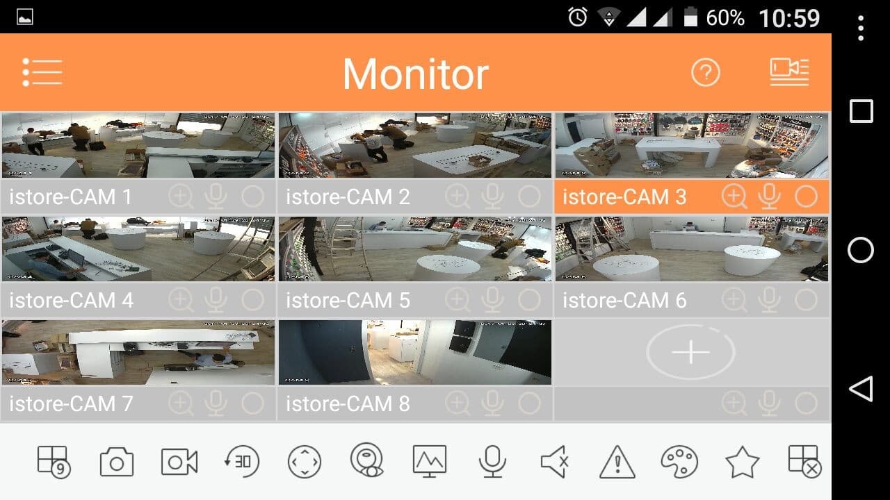 Rejilla de ocho cámaras en vivo del interior del proyecto iStore vista desde una app móvil